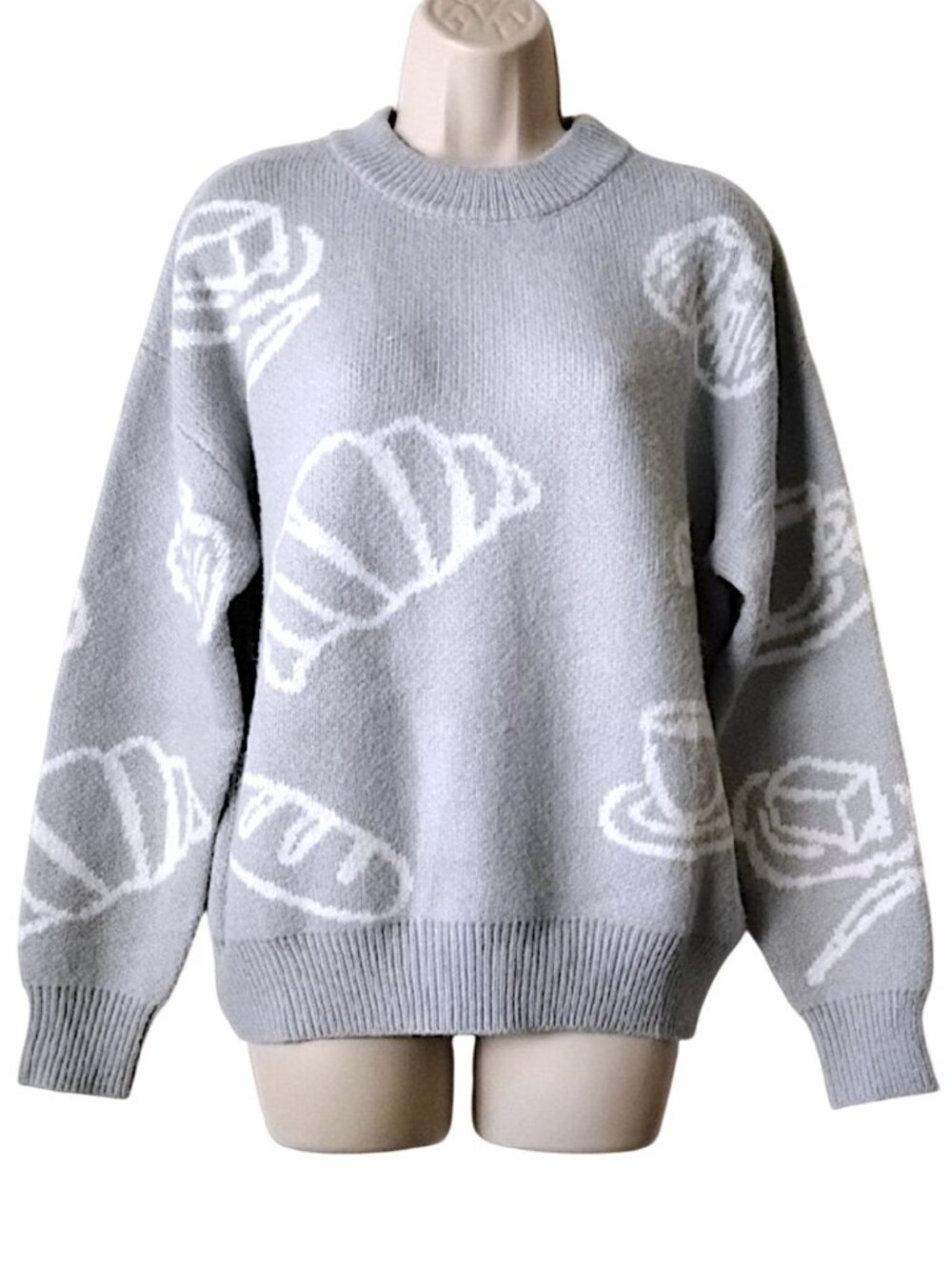 Le Lis Collection Soft Oversized Crewneck Sweater XS Blue-Gray Coffee Croissants